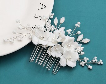 Bridal Flower Hair Comb,Wedding Pearl Hair Comb,Bridal Silver Headpiece,Crystal Hair Piece,Bridesmaid Hair Accessories,Wedding Jewelry