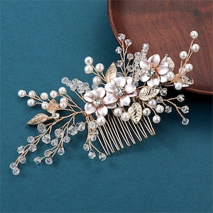 Bridal Flower Hair Accessories, Wedding Crystal Pearl Hair Comb, Gold Leaf Hair Piece