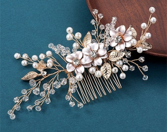 Bridal Flower Hair Accessories, Wedding Crystal Pearl Hair Comb, Gold Leaf Hair Piece