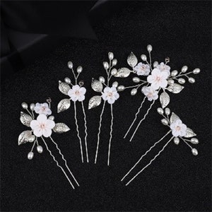 Bridal Wedding Pearl Flower Hairpin 5pcs, Silver Leaf Hair Accessories, Wedding Crystal Hair Piece, Bridal Headpiece, Bridesmaid Hair Pins