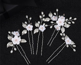 Bridal Wedding Pearl Flower Hairpin 5pcs, Silver Leaf Hair Accessories, Wedding Crystal Hair Piece, Bridal Headpiece, Bridesmaid Hair Pins