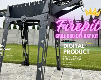 May include: A black metal grill with a rectangular firebox and four tall, angular legs on wheels. The structure features cut-out geometric patterns and includes text overlays reading Firepit GRILL BBQ DIY DXF KIT, DIGITAL PRODUCT, and make your own style.