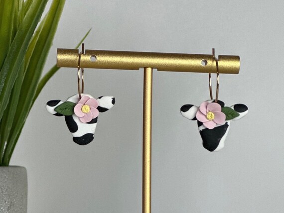 Floral Cow Hoops | 18k real gold plated stainless steel hoops | Cute Cow Earrings | Polymer Clay Earrings
