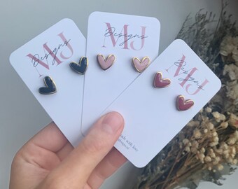 Gold Trimmed Heart Earrings | Polymer Clay Stud Earrings | Handmade Clay Earrings | Stainless Steel