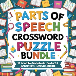 Parts of Speech Crossword Puzzle Bundle | 10 Grammar Worksheets | Grades 2–4 | PDF Printable + Answer Keys + Word Bank