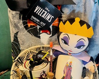 Cesta de 60 x 70 cm con temática de villanos de la Reina Malvada, color negro, súper suave, taza de cerámica de doble cara de Rae Dunn, Reina Malvada, tazas medidoras a juego