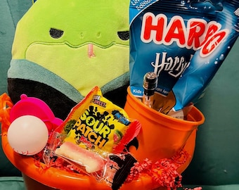Squishamallow Harry Potter Halloween, panier Serpentard, serpent, gobelet citrouille orange en plastique, Harry Potter, bonbons gélifiés, aigre-doux