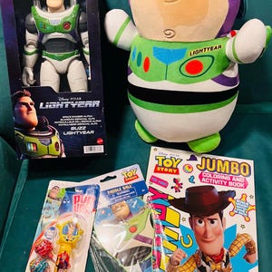 May include: A collection of Toy Story merchandise featuring Buzz Lightyear and Woody. Includes a Buzz Lightyear action figure, a plush toy, a coloring book, lollipops, a paddle ball, and a wristband. The items are in various colors, including green, purple, and red.