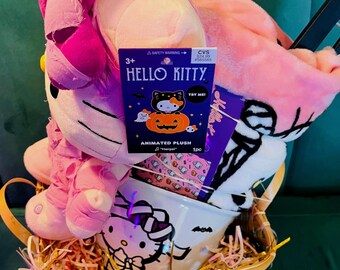 Cesta de Halloween BOO de Hello Kitty, momia de 50 x 70 pulgadas, momia de paso lateral con música, tazón grande espeluznante para mezclar