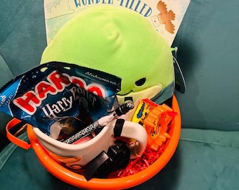 Harry Potter Halloween spooky Boo basket Slytherin Snake squishamallow and matching Rae Dunn ceramic mug , Harry Potter, gummy candy, sour