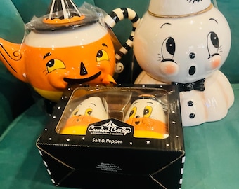 Johanna Parker VERY HARD TO Find Carnival Cottage Candy Corn tea pot bundle , matching salt and pepper and Ghost spider cookie jar .