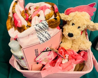 Juicy Couture pink VIRAL Teddy bear throw 50 by 70  ,pink bow wallet , small doggy heating pad and ceramic heart mug with candy ,BBW candle