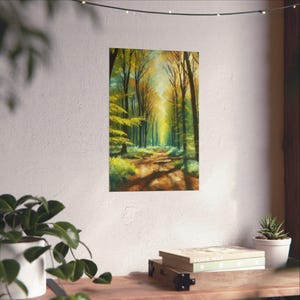 Póster vertical mate con impresión artística de sendero forestal: serenidad soleada, decoración de pared natural, decoración zen para el hogar, póster de paisaje relajante, bosque tranquilo