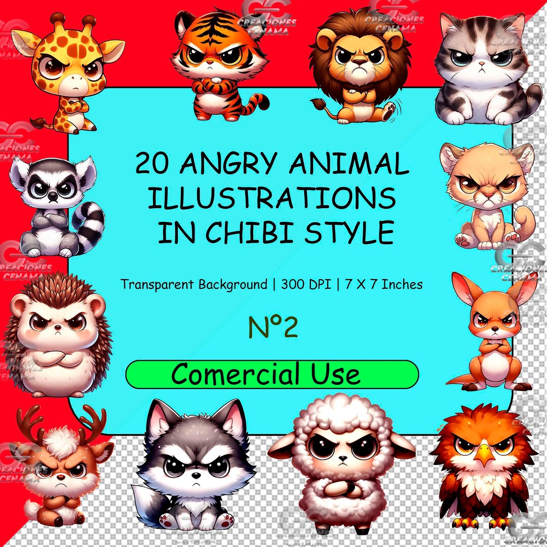 20 Digitally Illustrated Chibi Angry Animal Cliparts, Illustrations ...