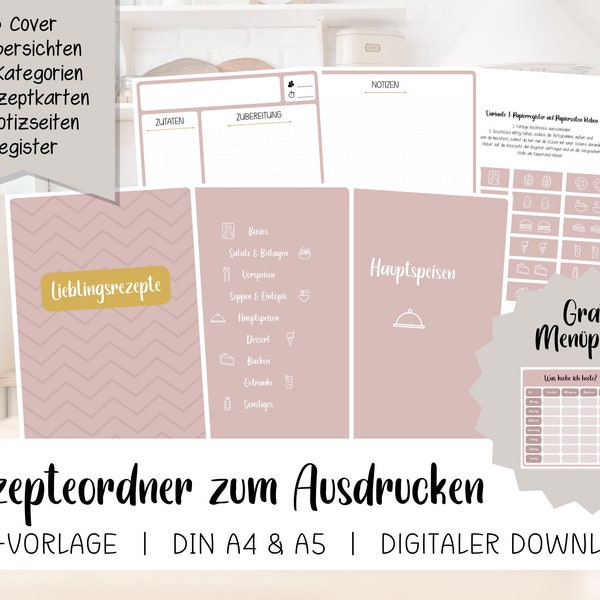 DIY Rezepteordner zum Ausdrucken | Gestalte dein persönliches Kochbuch inkl. Rezeptkarten | PDF-Vorlage als Download | A4 & A5 | Deutsch