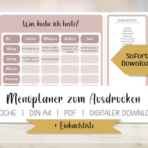 Wöchentlicher Menüplaner zum Ausdrucken | Rosa | PDF-Vorlage als Download | DIN A4 | Essensplaner mit Einkaufsliste | Mealplanner | Deutsch