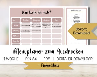 Weekly menu planner to print | Pink | PDF template for download | DIN A4 | Meal planner with shopping list | Meal planner | German