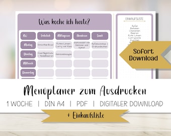 Weekly menu planner to print | Purple | PDF template for download | DIN A4 | Meal planner with shopping list | Meal planner | German