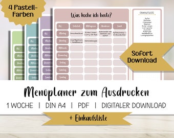 Weekly menu planner for printing | 4 colors | PDF template for download | A4 | Meal planner with shopping list | Meal planner | German