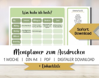 Weekly Menu Planner to Print | Green | PDF Template for Download | DIN A4 | Meal Planner with Shopping List | Meal Planner | German