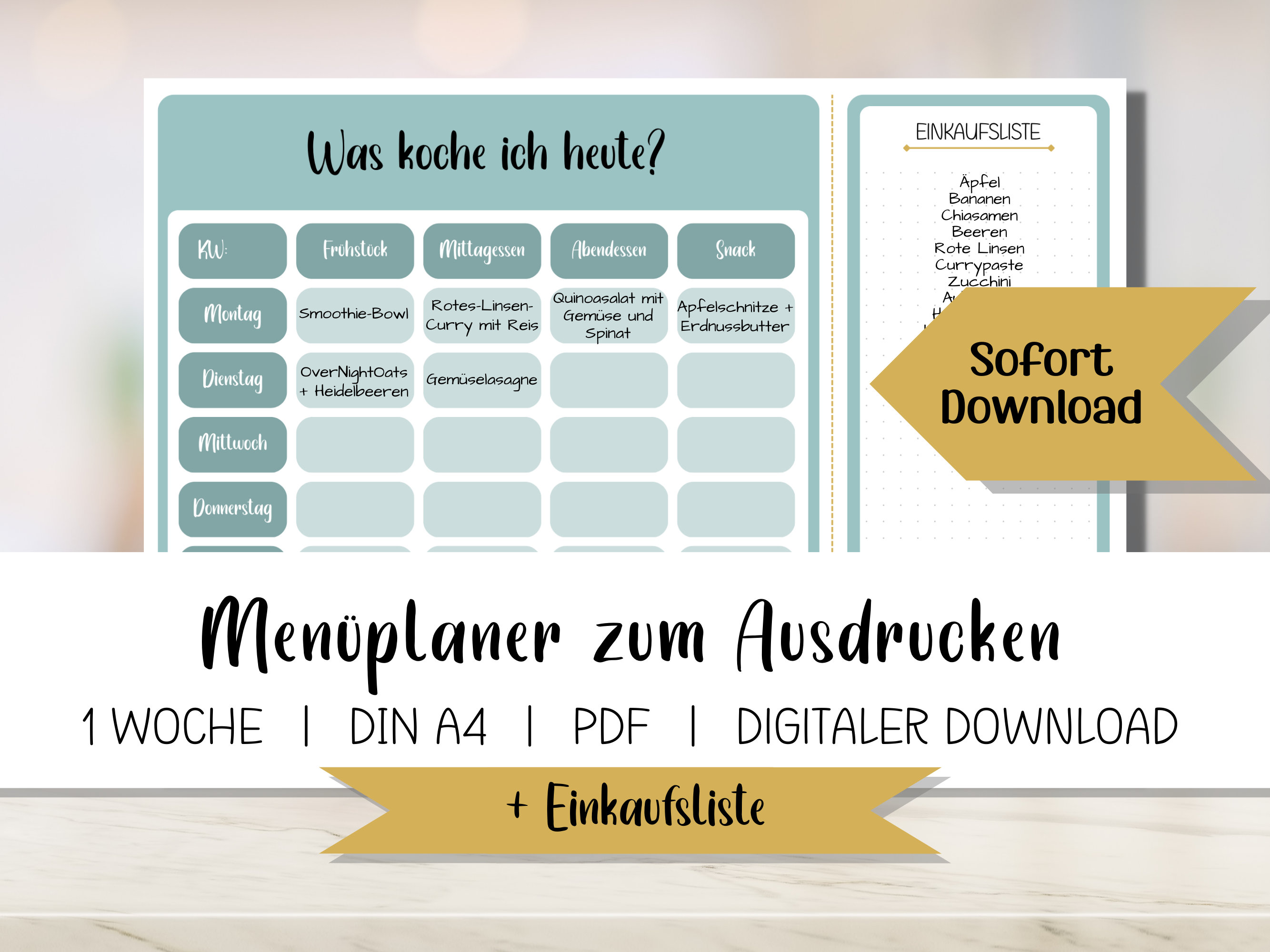 Weekly Menu Planner to Print | Blue | PDF Template for Download | DIN A4 | Meal Planner with Shopping List | Meal Planner | German