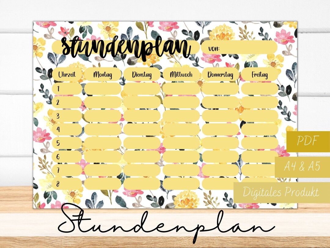 Stundenplan zum Ausdrucken A4 & A5 PDF als digitaler Download Deutsch 8