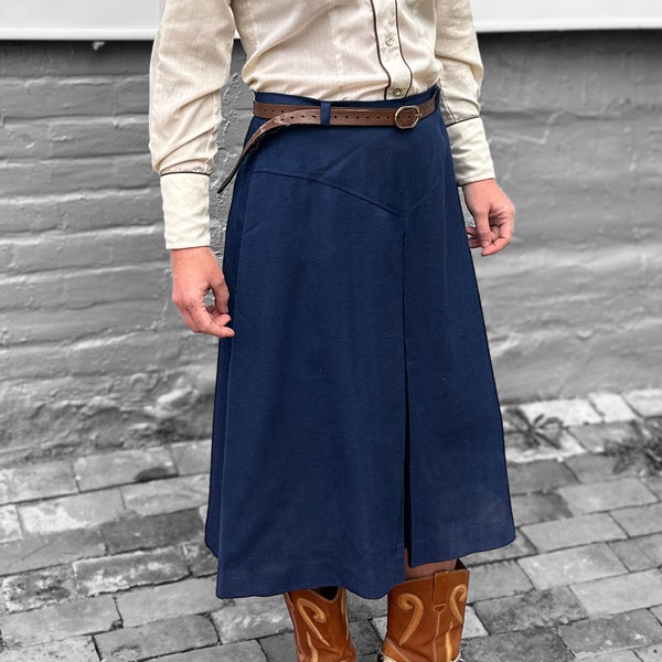 1950s Handmade Herringbone skirt / navy blue / western style / kick pleat / Vintage
