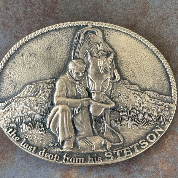 Vintage Stetson hat Belt Buckle / Brass / Cowboy and horse / Last Drop from his Stetson