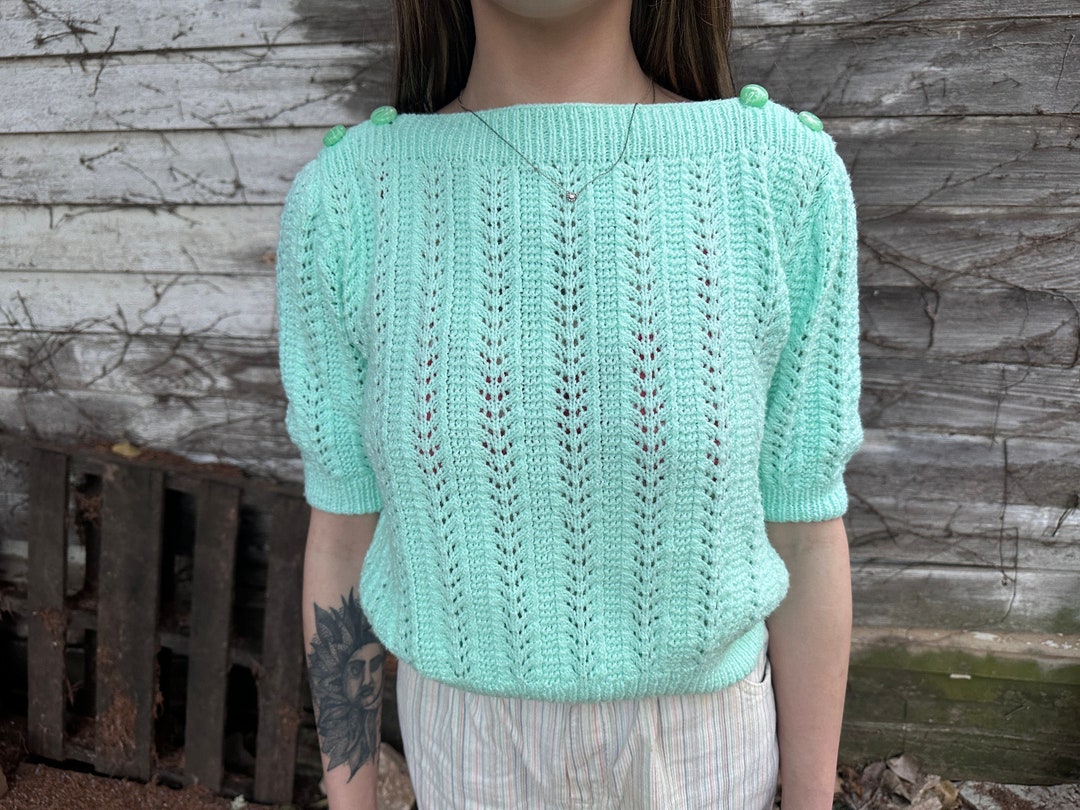 Sea Green Trendy Pattern Knit Ribbed Cuffs Crew Neck Sweater main image 1