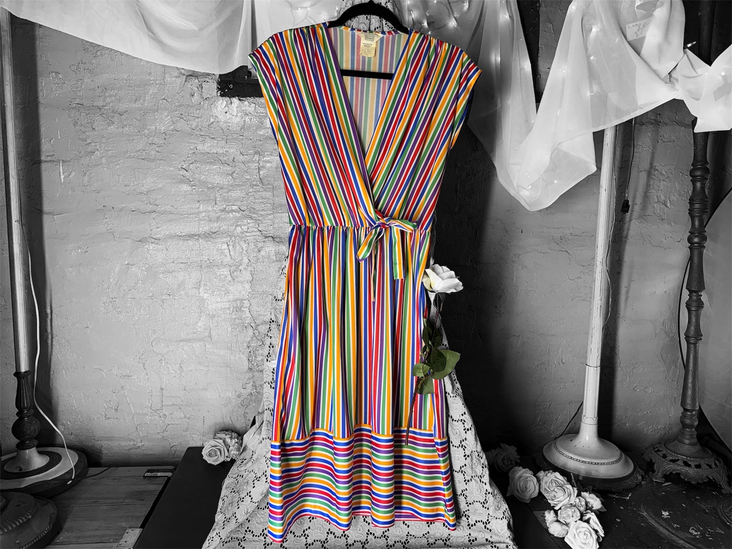 open lace back dress Size 12 1970s Polyester Dress & Matching Bonnet