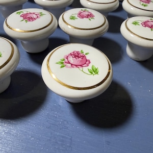 Vintage White Ceramic drawer pull with a rose design