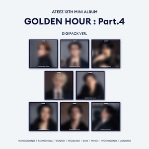 Puede incluir: ATEEZ 13º Mini Álbum "GOLDEN HOUR : Part.4" DIGIPACK VER. con siete portadas de álbum con imágenes borrosas de los miembros de la banda. El título del álbum y los nombres de los miembros se muestran en texto blanco sobre un fondo azul.