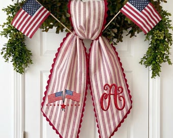 Custom Monogram Patriotic Wreath Sash, Embroidered USA Flag Bow, Red Stripes 54x5" Sash for Independence Day, 4th of July Decor