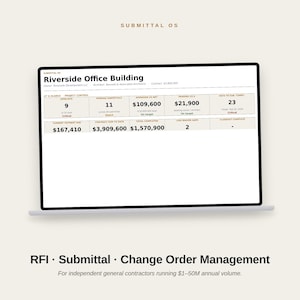 May include: A digital dashboard titled Submittal OS displaying project data for the Riverside Office Building. The screen shows financial metrics, pending submittals, and project control statistics including open RFIs and contract sums.