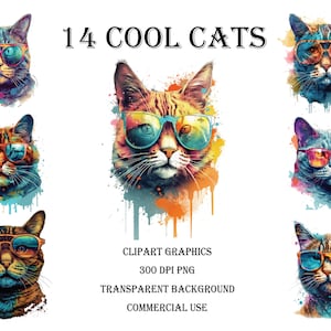 Cool Cats Clipart - High Quality PNG Transparent - Digital Download - Card Making, Mixed Media, Digital Paper Craft,PNG Sublimation Prints