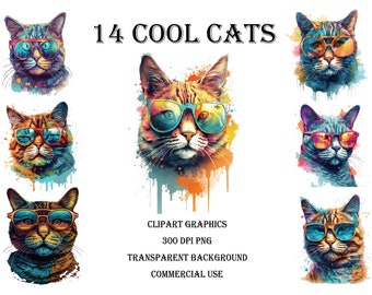 Puede incluir: 14 gráficos de clipart de gatos geniales con un efecto de acuarela. Cada gato lleva gafas de sol y tiene un fondo colorido. El texto "14 Cool Cats" está en la parte superior de la imagen. El texto "Clipart Graphics 300 DPI PNG Transparent Background Commercial Use" está en la parte inferior de la imagen.