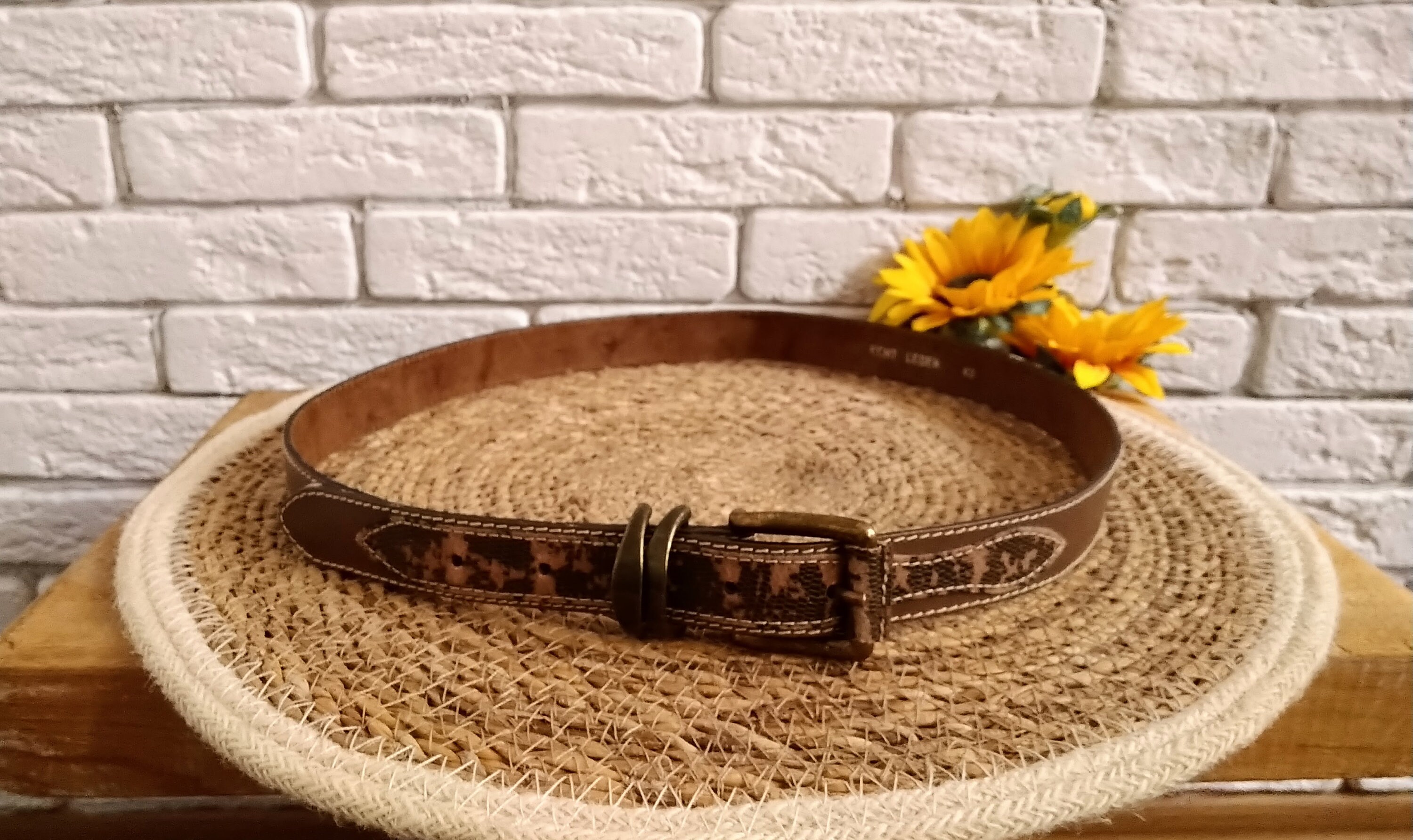 Vintage Brown Genuine Leather Belt, Front Applique, Two