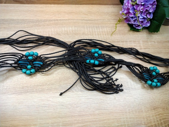 Vintage black vegan leather and blue beads macram… - image 5