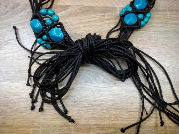 Vintage black vegan leather and blue beads macram… - image 3