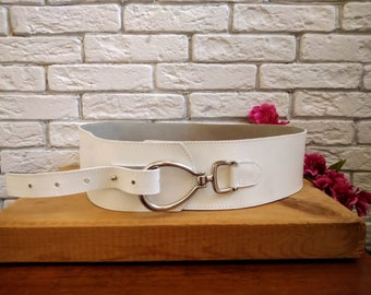 Vintage white real leather belt Street One, Wide leather belt for women, Fits 33"-35".