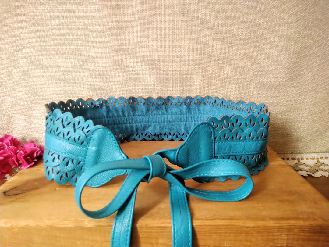Vintage Blue Wide Waist Belt for Women Leaves Cut Pattern Etsy