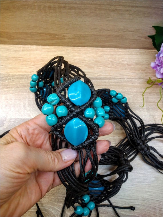 Vintage black vegan leather and blue beads macram… - image 1