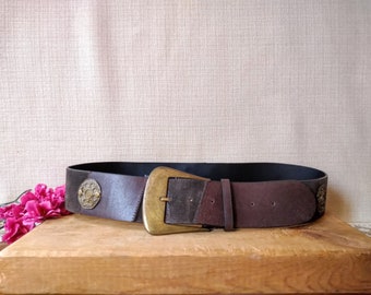 Vintage brown waist real leather belt, Fits 35"-40", Brown leather belt, Gift for women, Leather accessories.