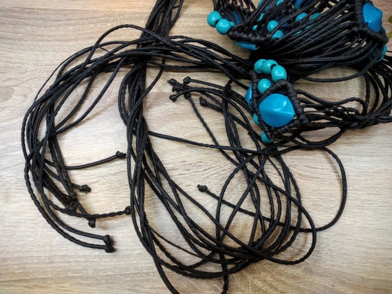 Vintage black vegan leather and blue beads macram… - image 4