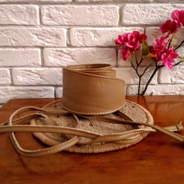 Vintage women light brown soft leather obi belt, Obi belt, Wide waist belt.