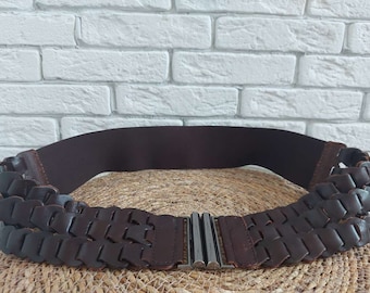 ceinture large extensible marron foncé vintage, cuir de vachette et ceinture élastique, ceinture Corset, ceinture élastique marron pour femme.