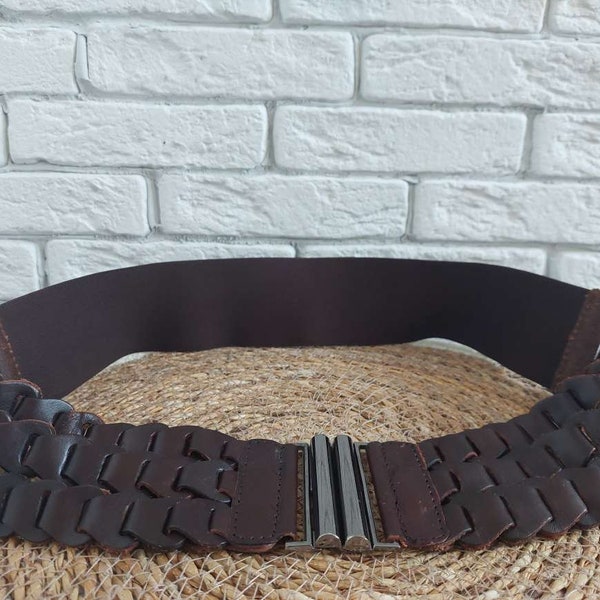 Vintage dark brown stretch wide waist belt, Cowhide leather and elastic band belt, Corset belt, Brown elastic belt for women.