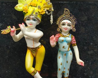 Hand-Painted Marble Radha Krishna Statue | ISKCON Deity Idol, Home Temple Decor (9 inch) - Shringar Idol