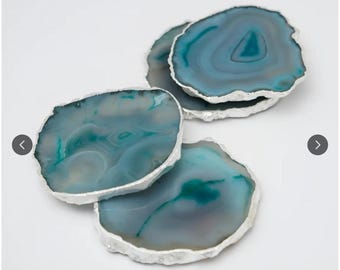 Set of 4 Agate Stone Coasters, Gold Plated Edge, Luxury Crystal Drinkware Home Decor