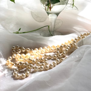 Long heavy milky white glass pearl knotted vintage necklace for a woman. Beautiful quality classic pearl necklace. Gift for her